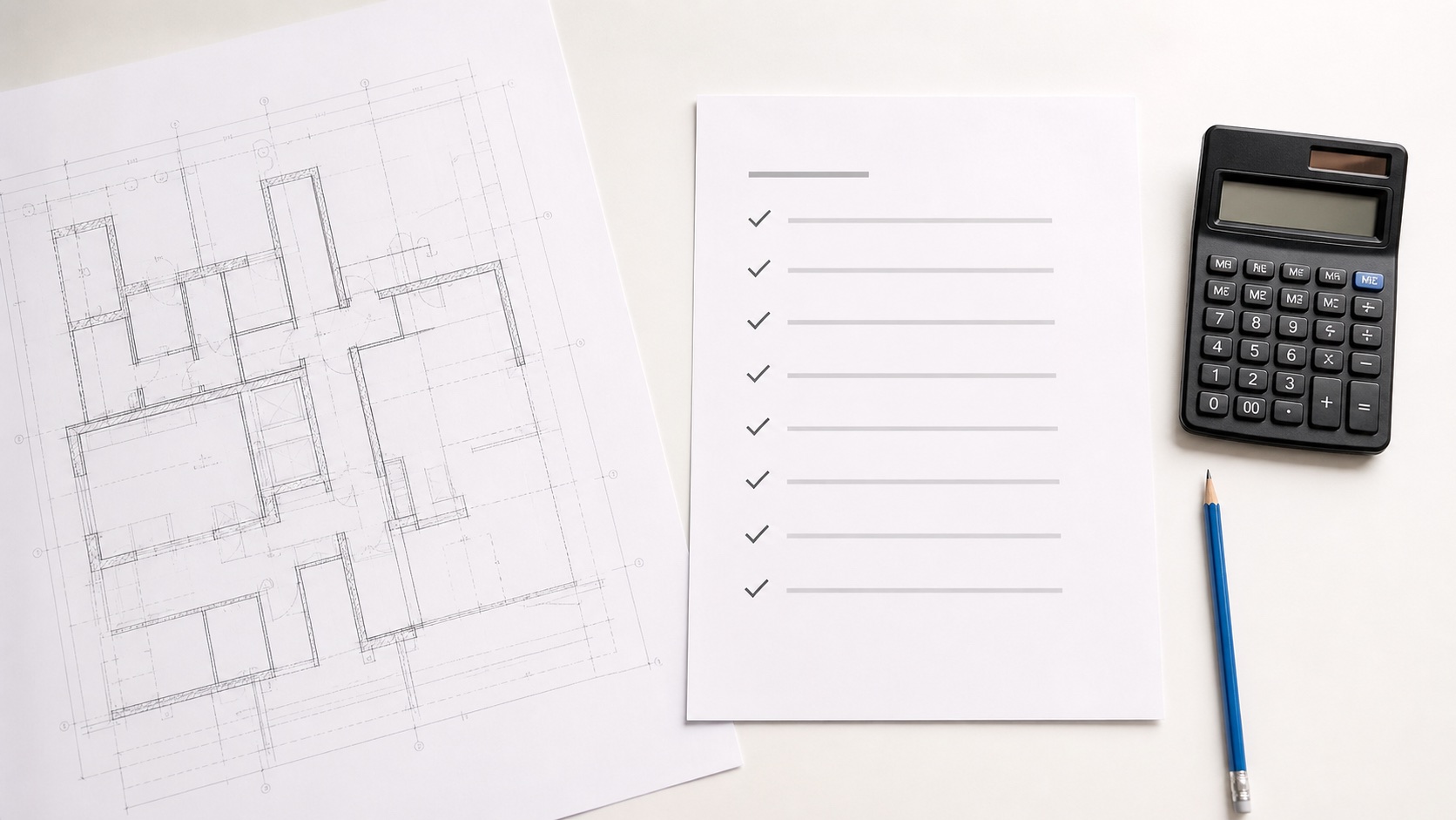A neatly organised construction review checklist beside a plan and calculator