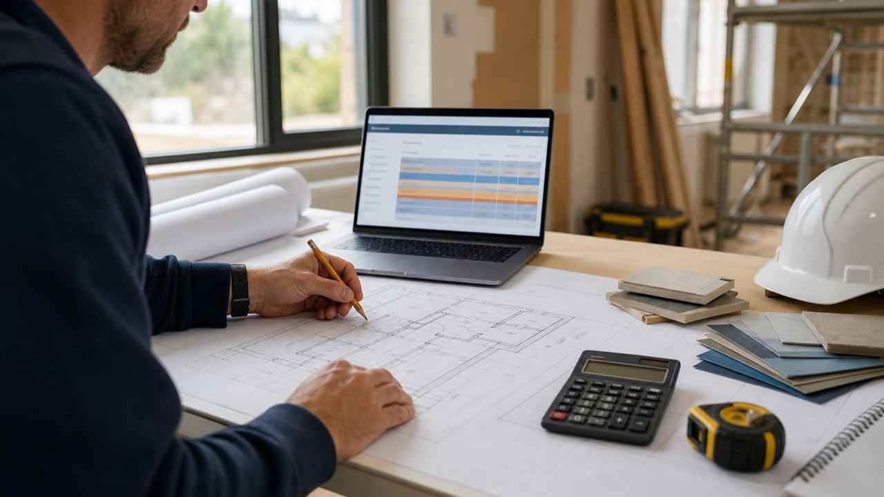 A builder reviewing drawings and a Quotify estimate at a live construction project