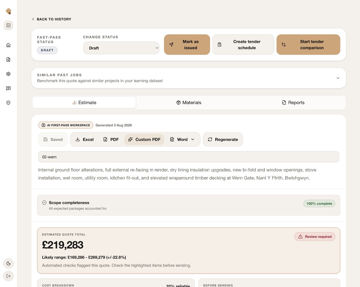 Quotify Fast Pass workspace showing status, workflow actions, tabs, exports, project summary and estimated quote total
