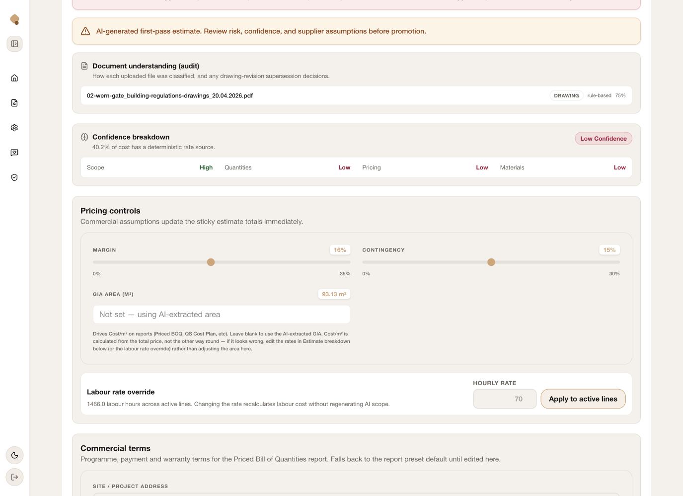 Document audit, confidence breakdown, pricing controls, labour override and commercial terms in Quotify