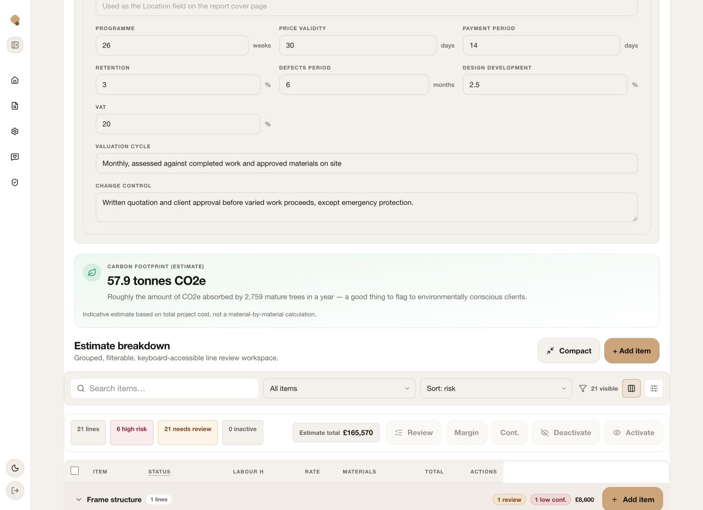 Commercial terms, carbon estimate and estimate breakdown controls in Quotify