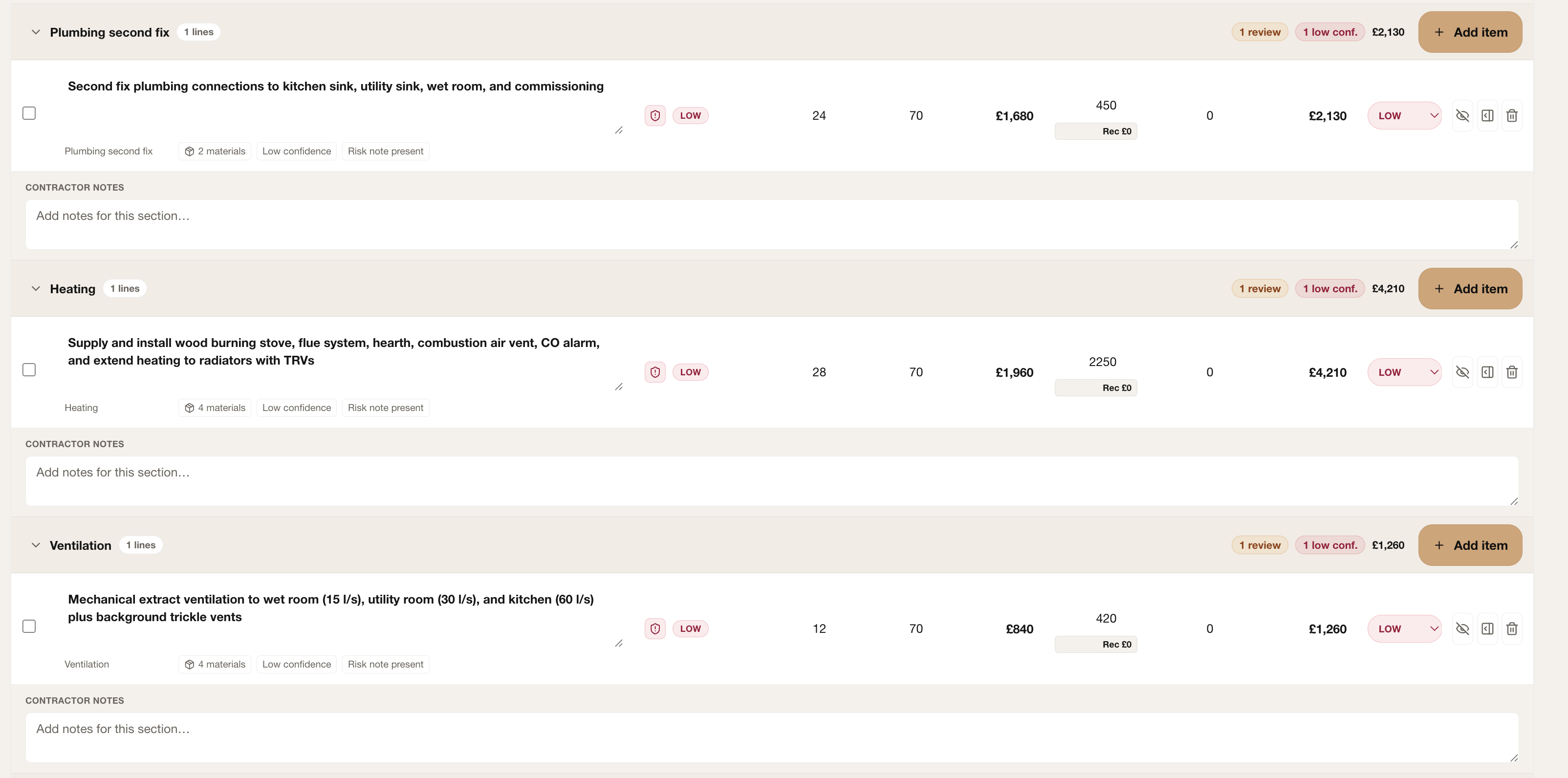 Quotify estimate table showing plumbing, heating and ventilation categories with editable costs, confidence and contractor notes
