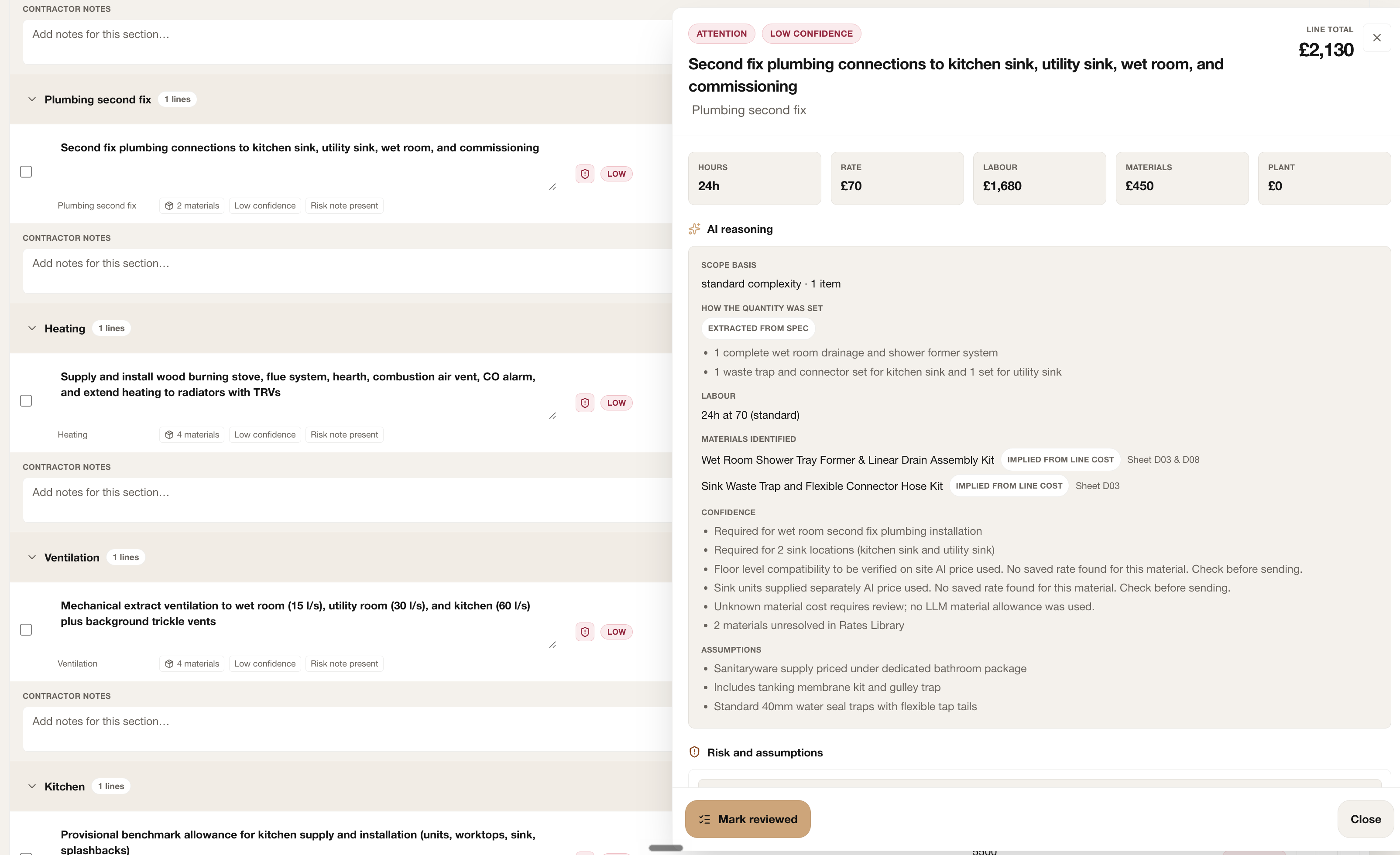 Expanded Quotify estimate line showing cost cards, AI reasoning, source quantities, materials, confidence and assumptions