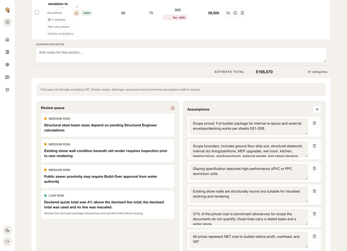 Quotify review queue beside editable quote assumptions