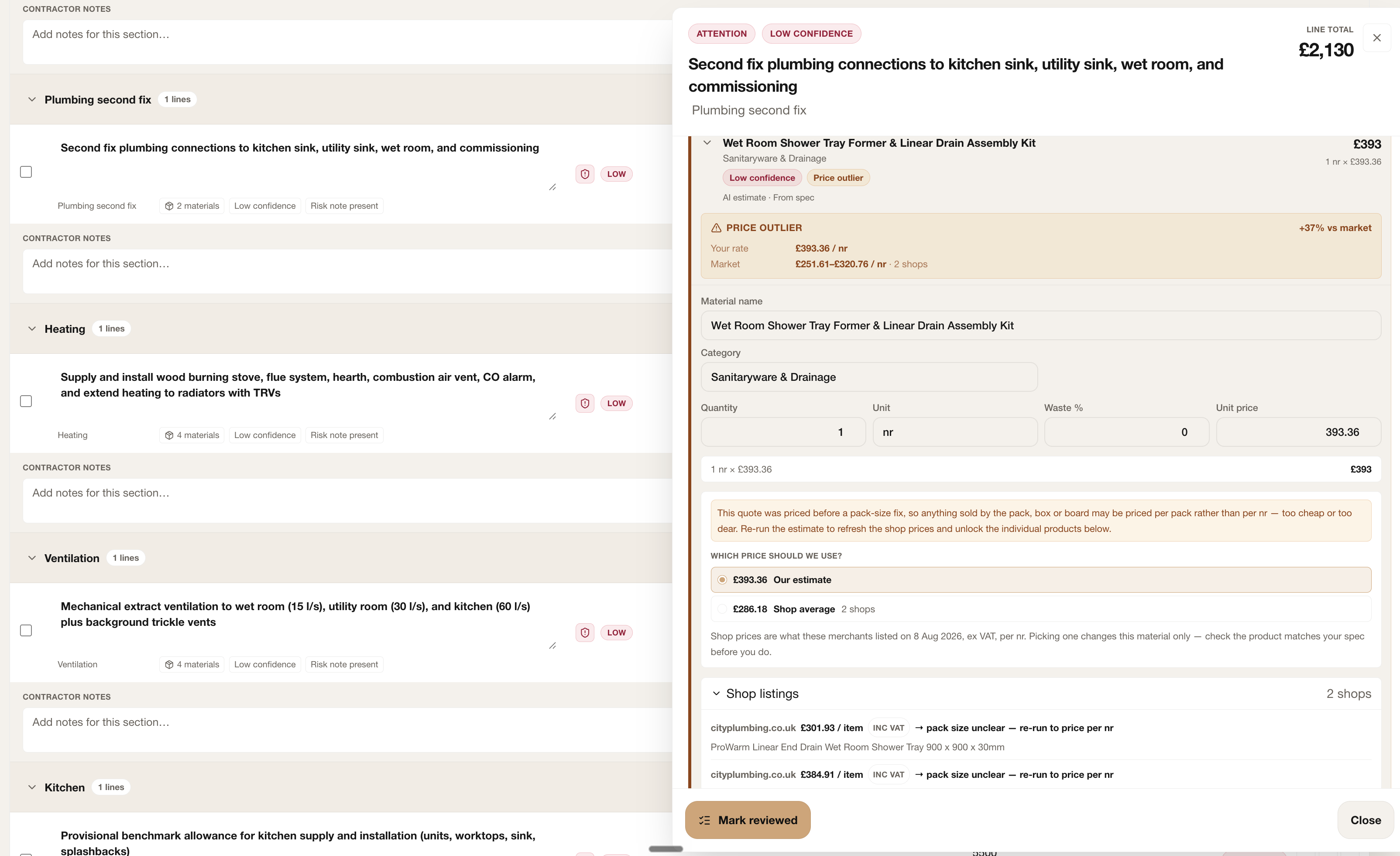 Expanded Quotify material pricing review showing a live market comparison, editable inputs and merchant listings