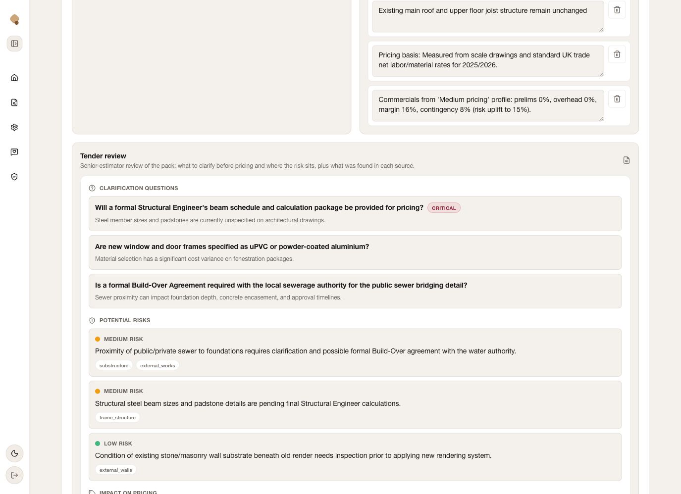 Quotify tender review showing clarification questions and potential risks