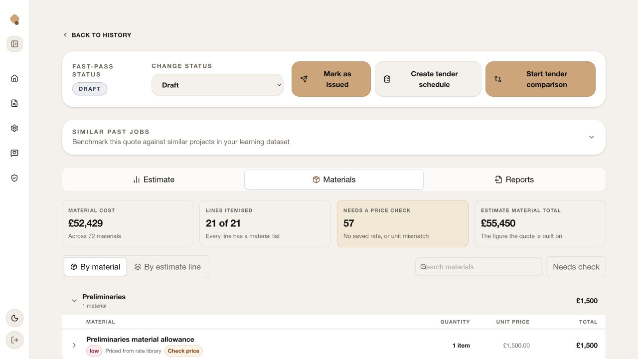 Quotify Materials tab with material summary cards, view controls and material rows