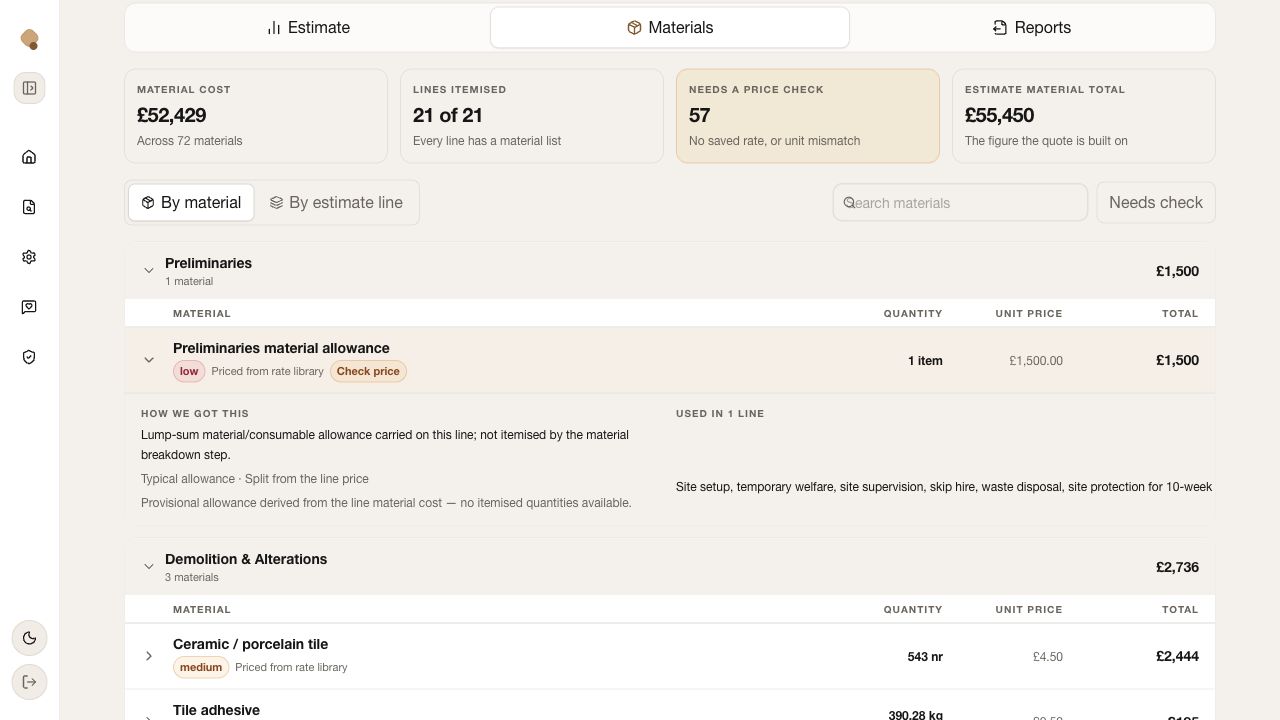 Expanded Quotify material row showing pricing basis and the estimate line where it is used