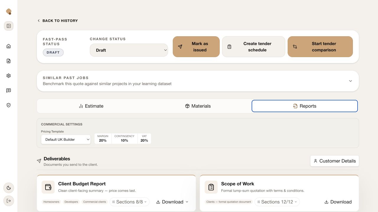 Quotify Reports tab with commercial settings, customer details and client deliverable cards