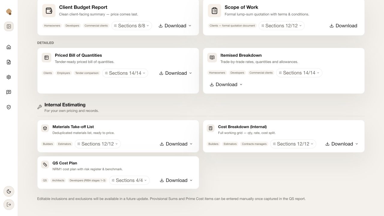 Quotify detailed and internal report options including Priced BOQ, Itemised Breakdown, Materials Take-off, Cost Breakdown and QS Cost Plan