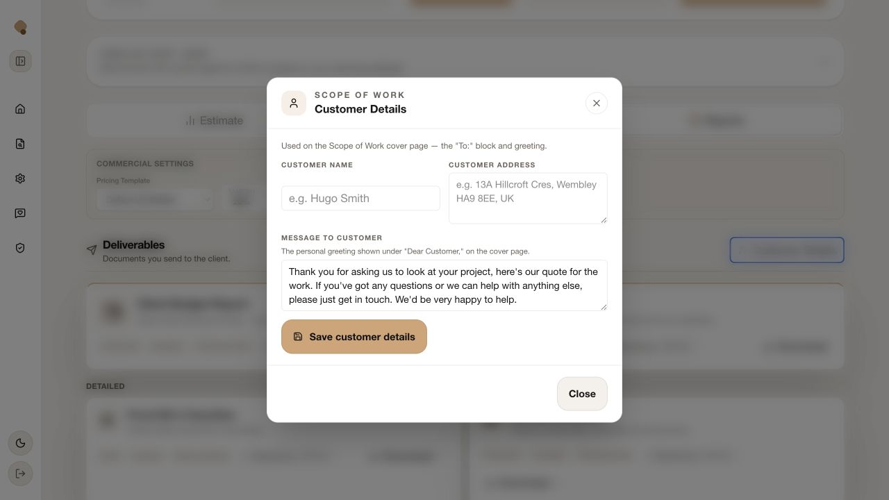 Customer Details dialog for a Quotify Scope of Work report