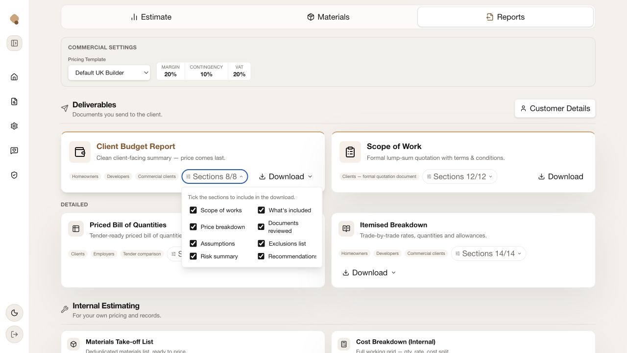 Quotify report section selector with eight checked sections