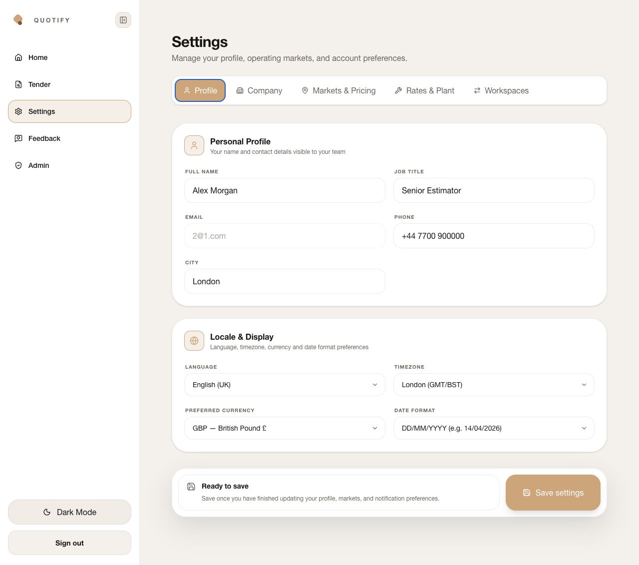 Quotify Profile settings showing personal details, locale, currency, date format and Save settings