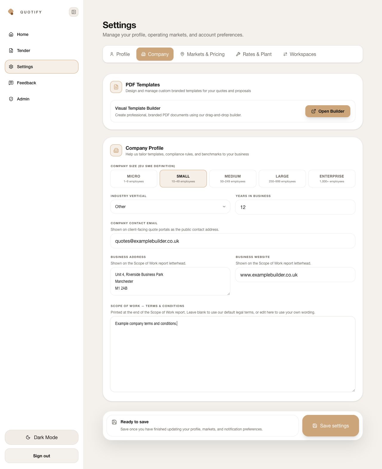 Quotify Company settings showing PDF Template Builder, company profile, public contact, address, website and terms