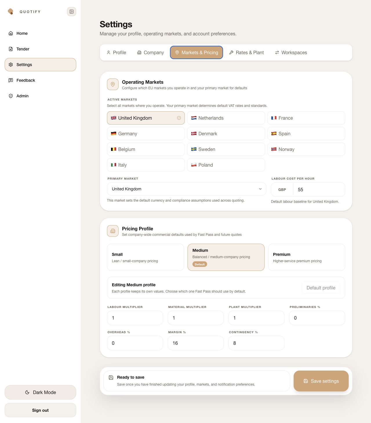 Quotify Markets and Pricing settings showing active markets, labour baseline, pricing profiles and commercial percentages