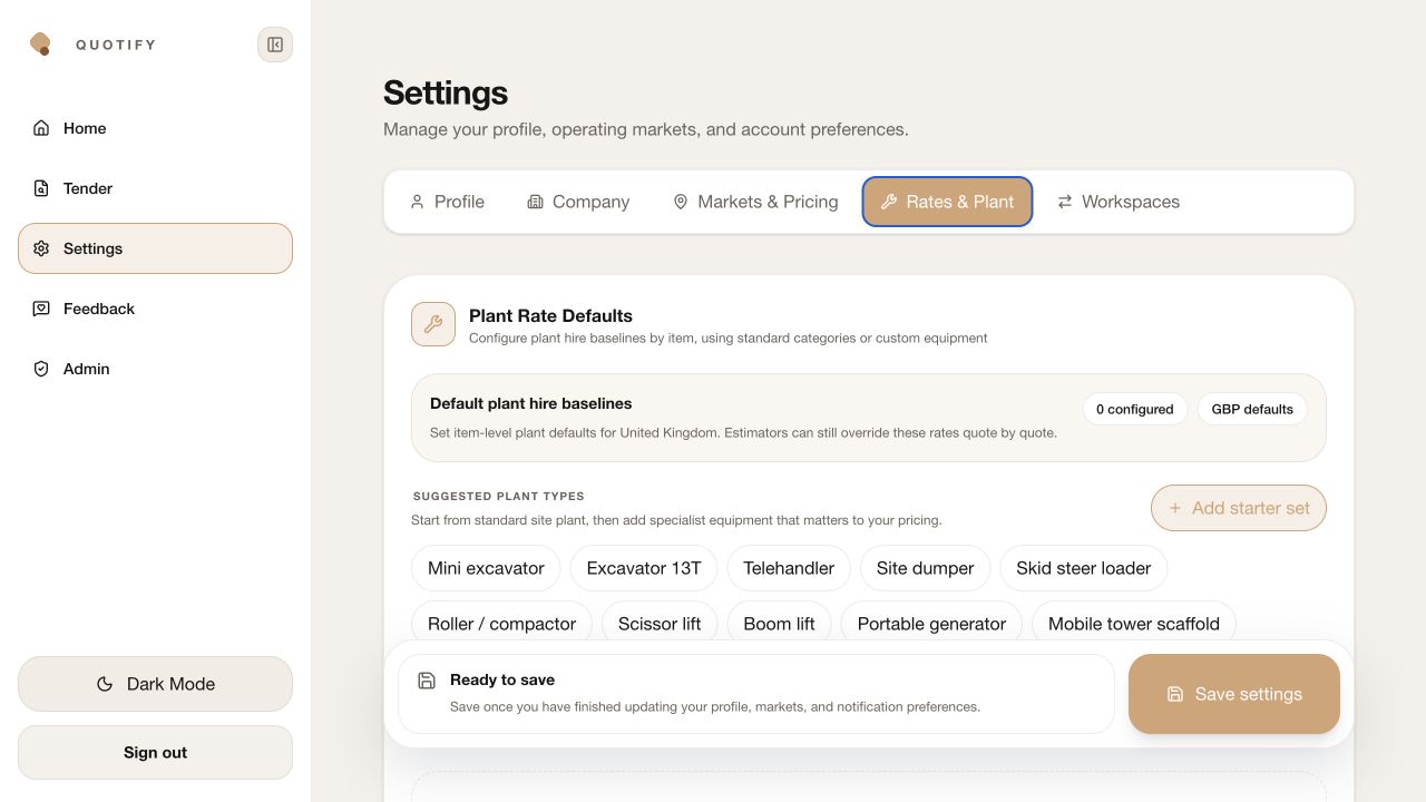Quotify Plant Rate Defaults showing standard plant types and starter set controls