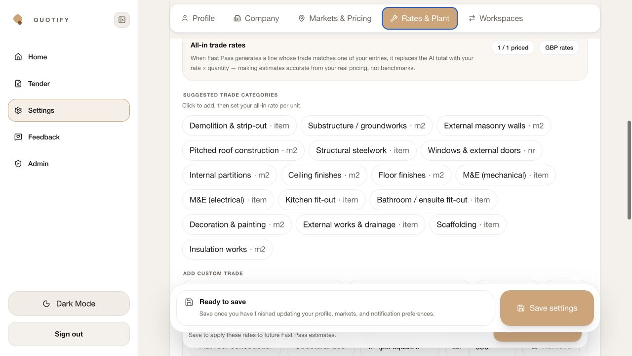 Quotify Contractor Rate Card showing suggested trade categories and custom rate controls