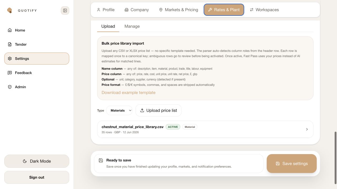 Quotify Price Library Import showing upload guidance, file type, price-list upload and active library