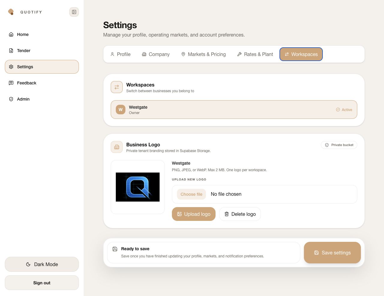 Quotify Workspaces settings showing active business, private logo storage and upload controls