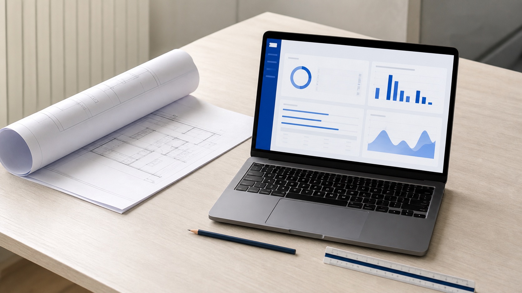 Architectural drawings and a clean estimating dashboard ready for a new project