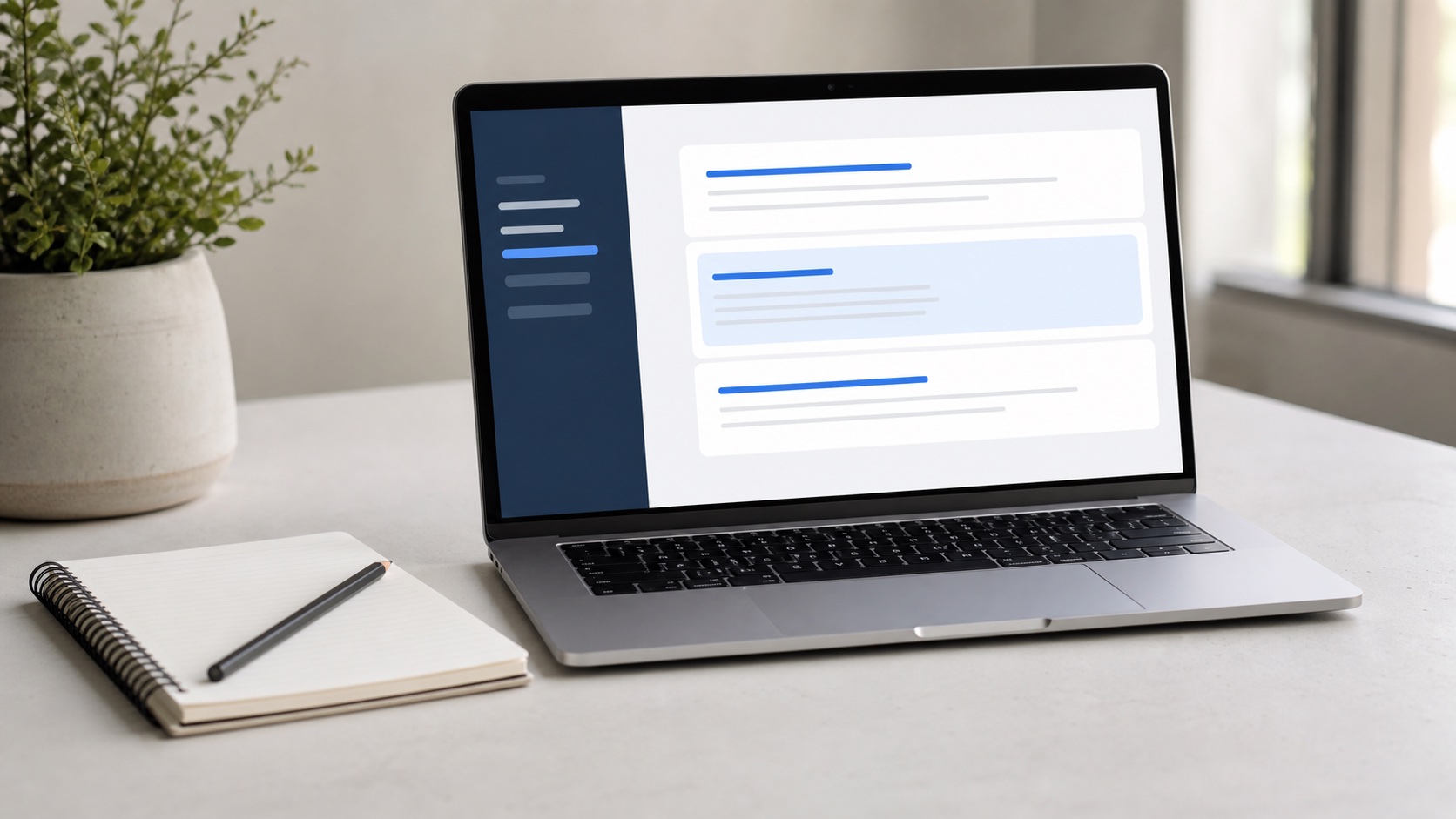 A clean customer help panel on a laptop in a calm workspace