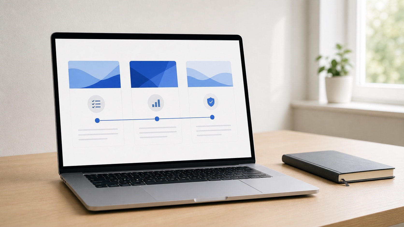 A clean three-step software update timeline on a laptop