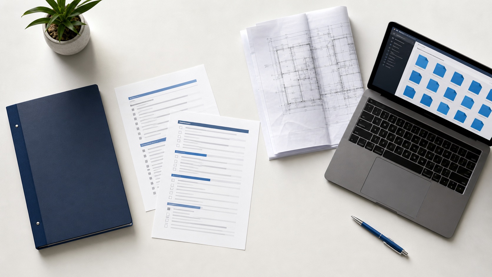 Construction checklists, drawings and a digital resource library arranged on a desk