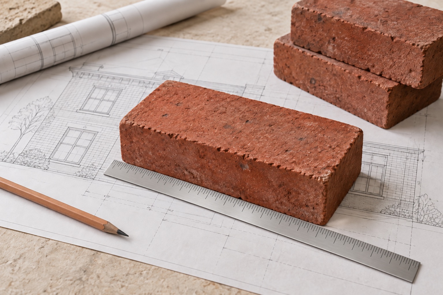 Illustrative red clay bricks with a steel measuring rule on architectural drawings