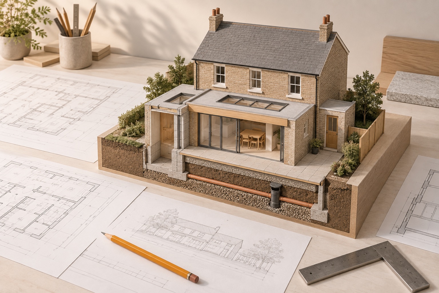 Illustrative residential extension model with exposed construction layers and project drawings