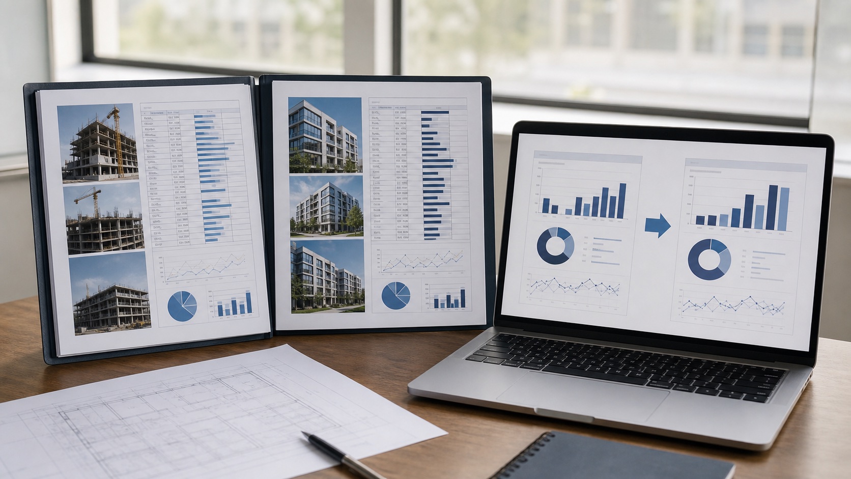 Two construction project files beside a laptop showing a before-and-after estimating comparison