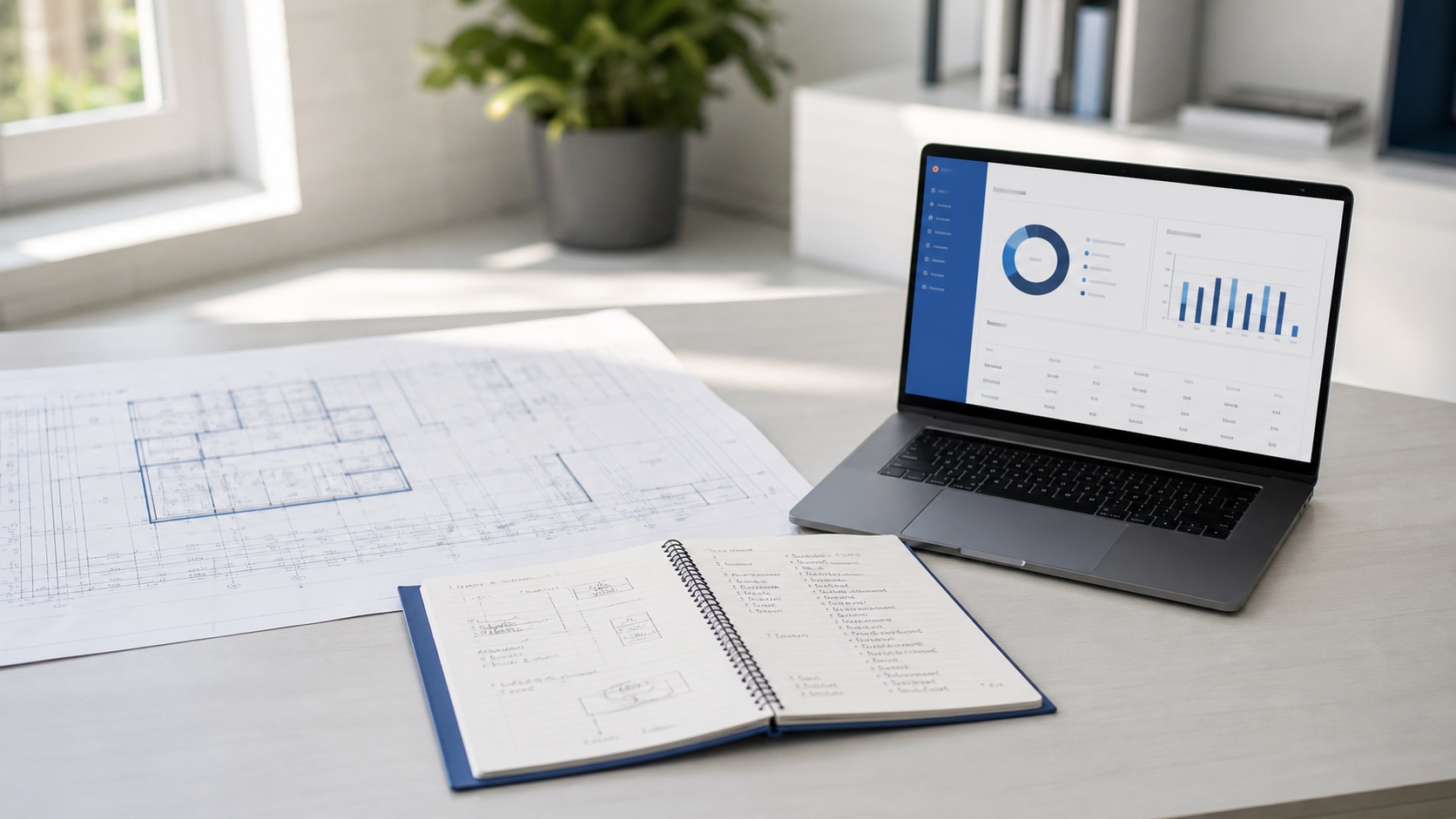 Construction drawings, reference notes and an estimating dashboard arranged for project learning