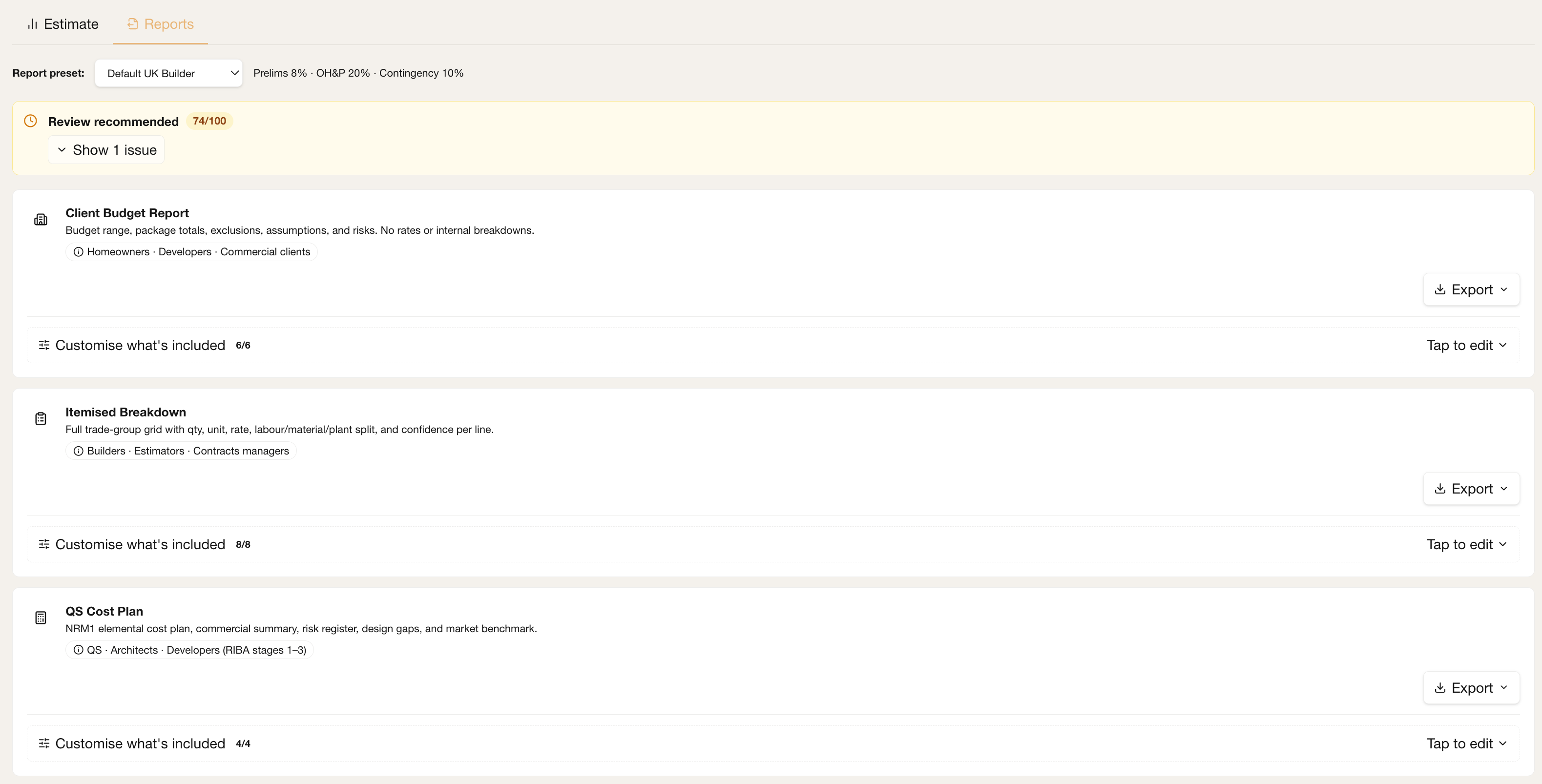Quotify reports dashboard used for Academy customer education